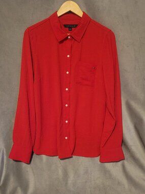 Tommy Hilfiger Women's Red Crinkle Polyester Long Sleeve Button-Up Shirt M